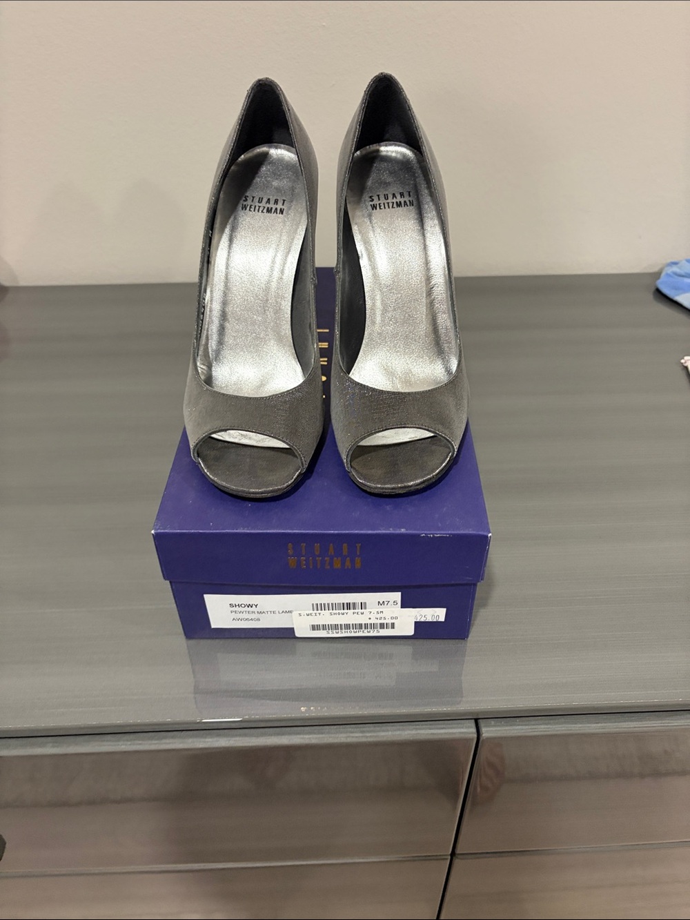 Stuart Weitzman Metallic Silver Peep-Toe Pumps